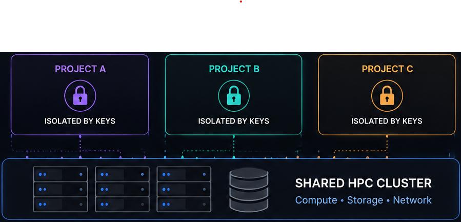 Project A, B, and C are each isolated by their own keys, while sharing a single HPC cluster for compute, storage, and network.